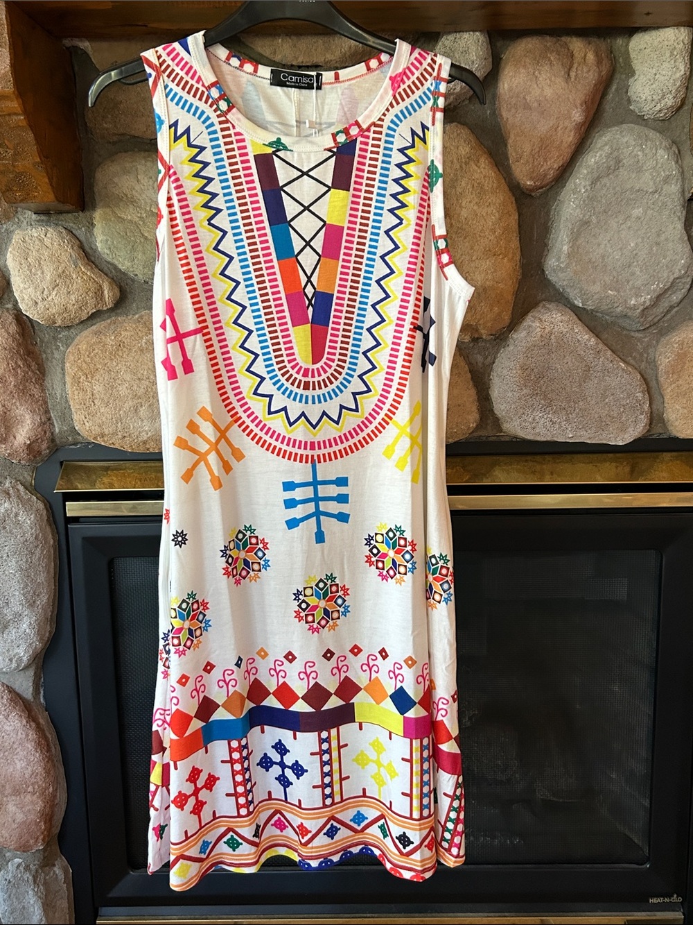 Camisa White & Pink Geometric Pockets Shift Dress, Size M, NEW